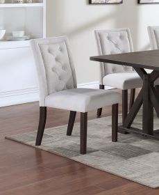 Modern Bone White Fabric 2pc Side Chairs Tufted Back Upholstered Back Rustic Espresso Wooden Legs Dining Room