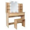 Vanity Desk Set Stool & Dressing Table with LED Lighting Mirror Drawer and Compartments Modern Wood Cosmetic Table Chest of Drawers Nature Color