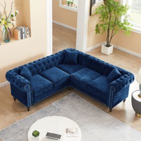 MH 80" Deep Button Tufted Upholstered Roll Arm Luxury Classic Chesterfield L-shaped Sofa 3 Pillows Included, Solid Wood Gourd Legs, Blue velvetMH