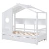 Wooden Twin Size House Bed With Trundle, Modern Design for Kids with Storage Shlef, White