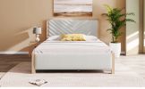 Modern Mid-Century Queen Upholstered Platform Bed Frame with Tufted Headboard and Solid Wood Legs,No Box Spring Needed,Beige