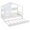 Wooden Twin Size House Bed With Trundle, Modern Design for Kids with Storage Shlef, White