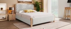 Modern Mid-Century Queen Upholstered Platform Bed Frame with Tufted Headboard and Solid Wood Legs,No Box Spring Needed,Beige