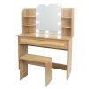 Vanity Desk Set Stool & Dressing Table with LED Lighting Mirror Drawer and Compartments Modern Wood Cosmetic Table Chest of Drawers Nature Color