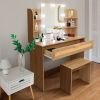 Vanity Desk Set Stool & Dressing Table with LED Lighting Mirror Drawer and Compartments Modern Wood Cosmetic Table Chest of Drawers Nature Color