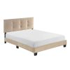 1pc Full Platform Bed Light Brown Velvet Upholstered Adjustable Height Headboard Button Tufted Solid Wood Bedroom Furniture