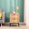 Rattan Nightstand Set,Bedside Table with 2 Natural Rattan Drawers and Metal Legs