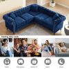 MH 80" Deep Button Tufted Upholstered Roll Arm Luxury Classic Chesterfield L-shaped Sofa 3 Pillows Included, Solid Wood Gourd Legs, Blue velvetMH