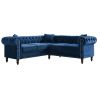 MH 80" Deep Button Tufted Upholstered Roll Arm Luxury Classic Chesterfield L-shaped Sofa 3 Pillows Included, Solid Wood Gourd Legs, Blue velvetMH