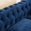 MH 80" Deep Button Tufted Upholstered Roll Arm Luxury Classic Chesterfield L-shaped Sofa 3 Pillows Included, Solid Wood Gourd Legs, Blue velvetMH