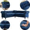 MH 80" Deep Button Tufted Upholstered Roll Arm Luxury Classic Chesterfield L-shaped Sofa 3 Pillows Included, Solid Wood Gourd Legs, Blue velvetMH