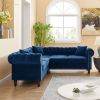 MH 80" Deep Button Tufted Upholstered Roll Arm Luxury Classic Chesterfield L-shaped Sofa 3 Pillows Included, Solid Wood Gourd Legs, Blue velvetMH