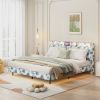 Queen Floating Bed Frame with LED Light and Charging Station Upholstered Platform Bed Frame Queen Size with Headboard and Hidden Storage Space, No Box