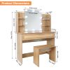 Vanity Desk Set Stool & Dressing Table with LED Lighting Mirror Drawer and Compartments Modern Wood Cosmetic Table Chest of Drawers Nature Color