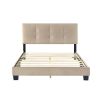 1pc Full Platform Bed Light Brown Velvet Upholstered Adjustable Height Headboard Button Tufted Solid Wood Bedroom Furniture