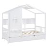 Wooden Twin Size House Bed With Trundle, Modern Design for Kids with Storage Shlef, White