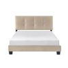 1pc Full Platform Bed Light Brown Velvet Upholstered Adjustable Height Headboard Button Tufted Solid Wood Bedroom Furniture