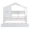 Wooden Twin Size House Bed With Trundle, Modern Design for Kids with Storage Shlef, White