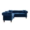 MH 80" Deep Button Tufted Upholstered Roll Arm Luxury Classic Chesterfield L-shaped Sofa 3 Pillows Included, Solid Wood Gourd Legs, Blue velvetMH