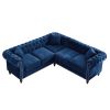 MH 80" Deep Button Tufted Upholstered Roll Arm Luxury Classic Chesterfield L-shaped Sofa 3 Pillows Included, Solid Wood Gourd Legs, Blue velvetMH