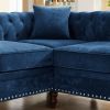 MH 80" Deep Button Tufted Upholstered Roll Arm Luxury Classic Chesterfield L-shaped Sofa 3 Pillows Included, Solid Wood Gourd Legs, Blue velvetMH