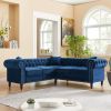 MH 80" Deep Button Tufted Upholstered Roll Arm Luxury Classic Chesterfield L-shaped Sofa 3 Pillows Included, Solid Wood Gourd Legs, Blue velvetMH