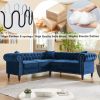 MH 80" Deep Button Tufted Upholstered Roll Arm Luxury Classic Chesterfield L-shaped Sofa 3 Pillows Included, Solid Wood Gourd Legs, Blue velvetMH