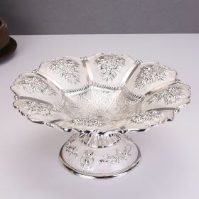 Gold Fruit Basket Flower Shape Festival Alloy Candy Food Nut Fruit High Storage Basket Wedding Home Desktop Tray Decoration (Color: Silver, Plate Size: 7.08 inches)