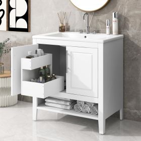 30" Bathroom Vanity with Sink, Multi-functional Bathroom Cabinet with Doors and Drawers, Solid Frame and MDF Board (Color: White)