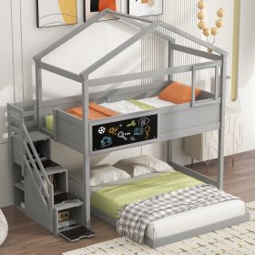 Twin over Full House Bunk Bed with Storage Staircase and Blackboard (Color: Gray)