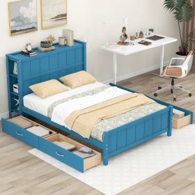 Full Size Platform Bed with Drawers and Storage Shelves (Color: Blue)