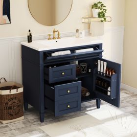 36'' Bathroom Vanity with Top Sink, Modern Bathroom Storage Cabinet with 2 Drawers and a Tip-out Drawer, Single Sink Bathroom Vanity (Color: Blue)