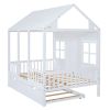 Full Size Wood House Bed With Twin Size Trundle, Wooden Daybed