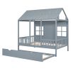 Full Size Wood House Bed With Twin Size Trundle, Wooden Daybed