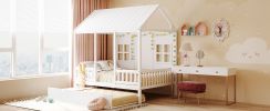 Full Size Wood House Bed With Twin Size Trundle, Wooden Daybed